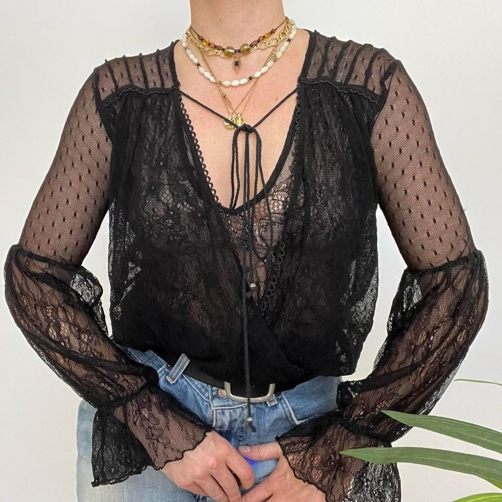 Free People Long sleeve semi sheer black lace blouse w ruffles at wrist - Picture 8 of 9